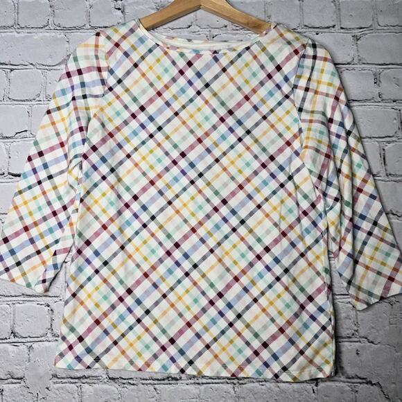 Talbots Cotton Blend Rainbow Plaid Print Boatneck 3/4 Sleeve Top Size MP - Picture 2 of 9